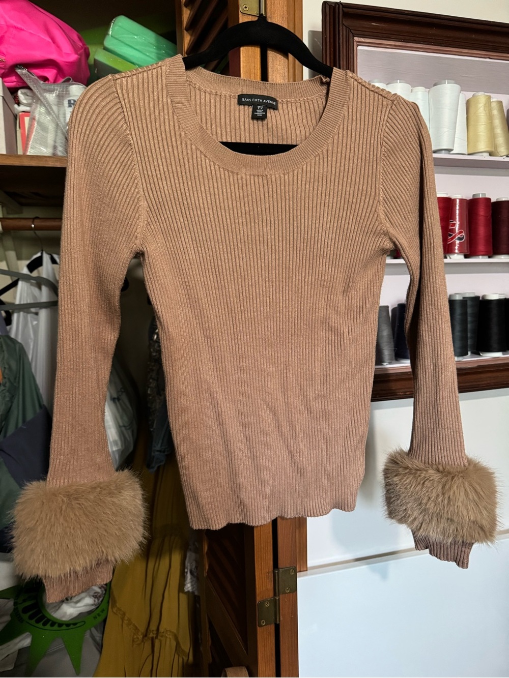 Saks Fifth Avenue Tan Ribbed Sweater with Faux Fur Cuffs